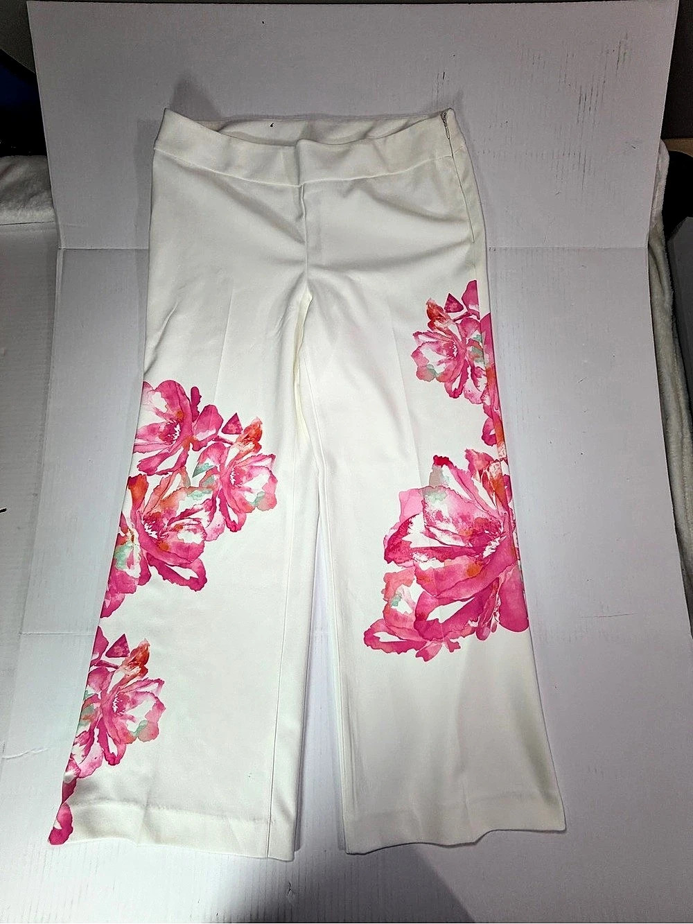 INC International Concepts Floral Wide Leg Pants in White & Pink Size 14 petite